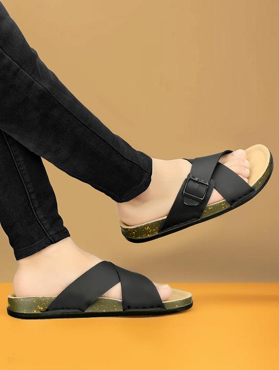 men black solid slip on sandal - 21984439 - Standard Image - 1