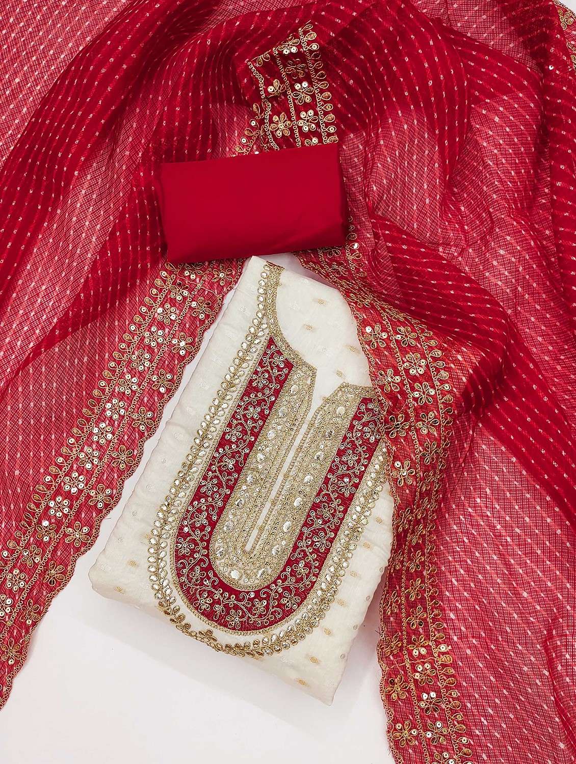 white cotton blend unstitched suit - 21984469 - Standard Image - 1