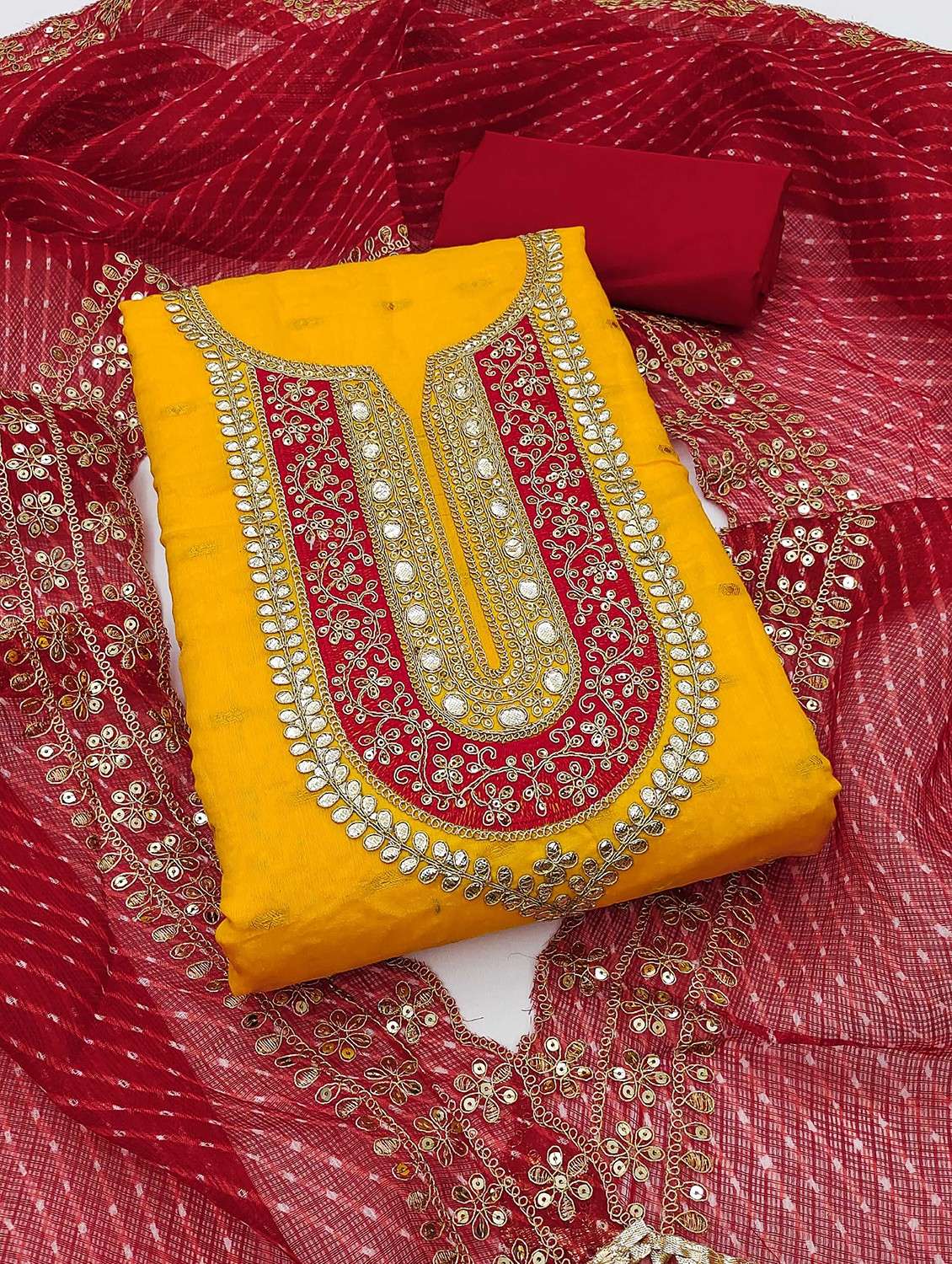 yellow cotton blend unstitched suit