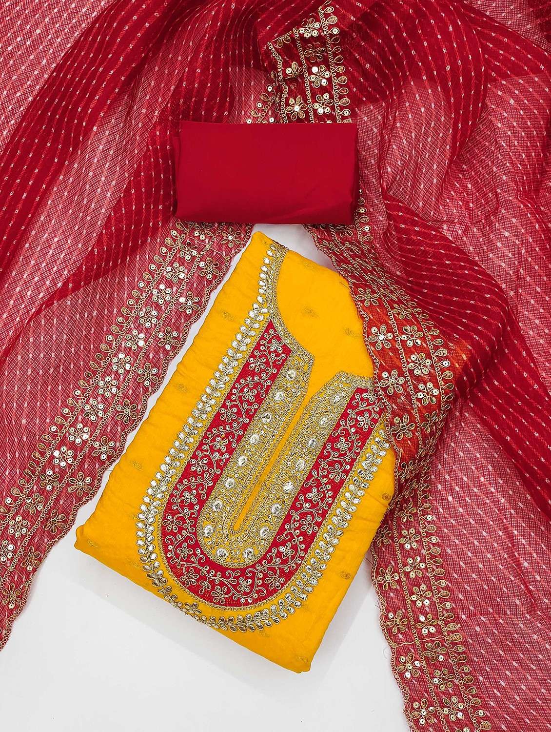 yellow cotton blend unstitched suit - 21984470 - Standard Image - 1