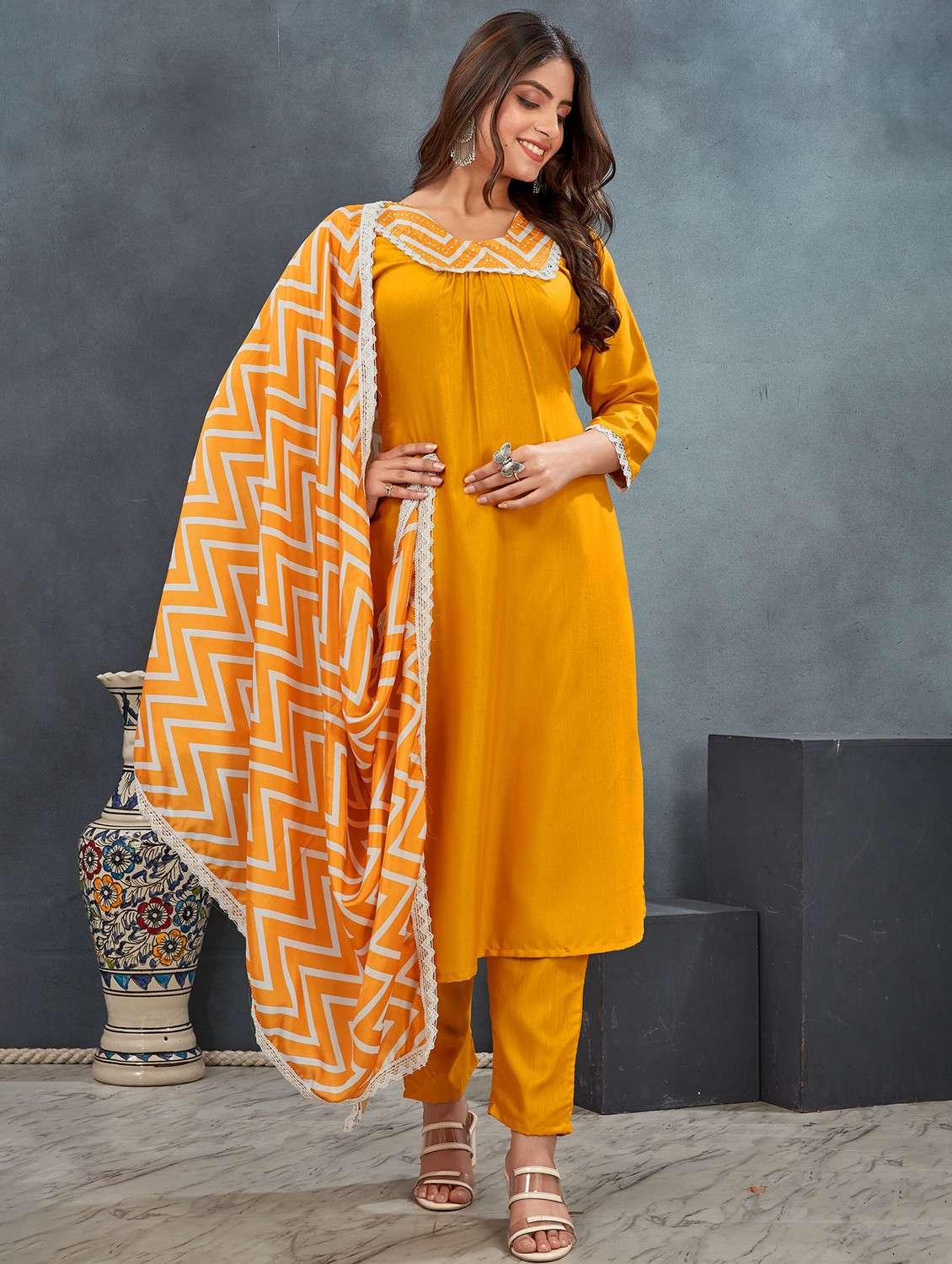 yellow art silk kurta pant set - 21984565 - Standard Image - 1