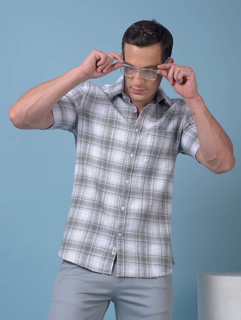 men checkered short sleeve slim fit casual shirt