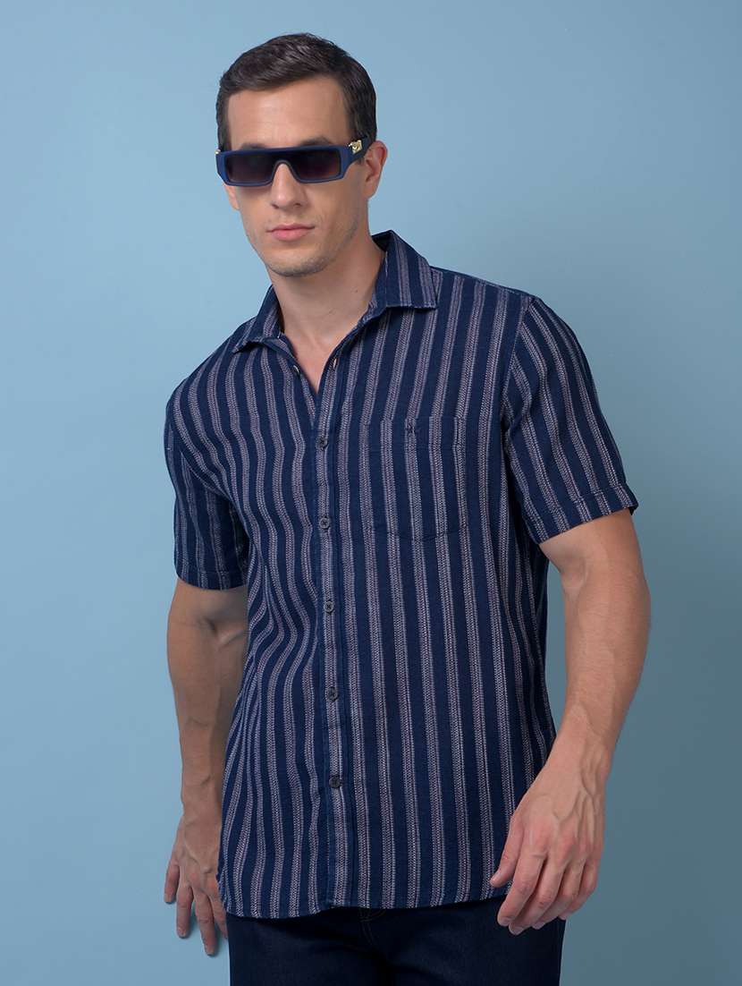 men striped short sleeve slim fit casual shirt