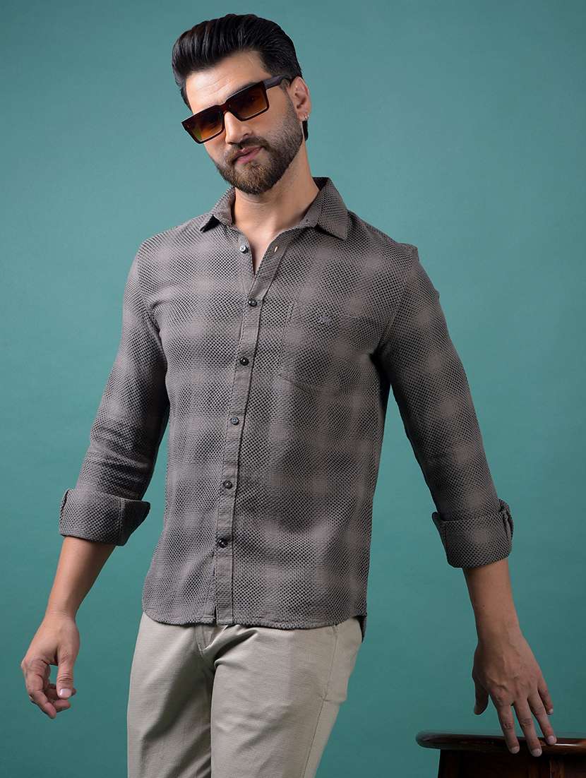 men self design long sleeve regular fit casual shirt