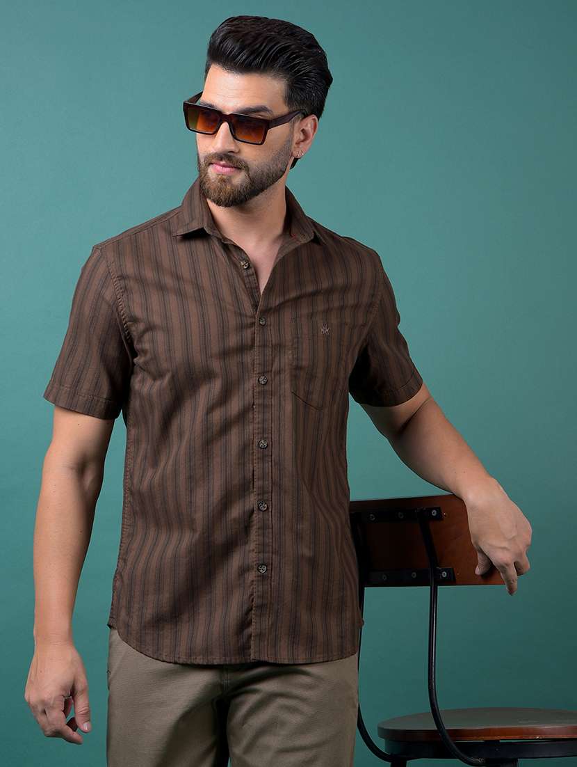 men striped short sleeve slim fit casual shirt