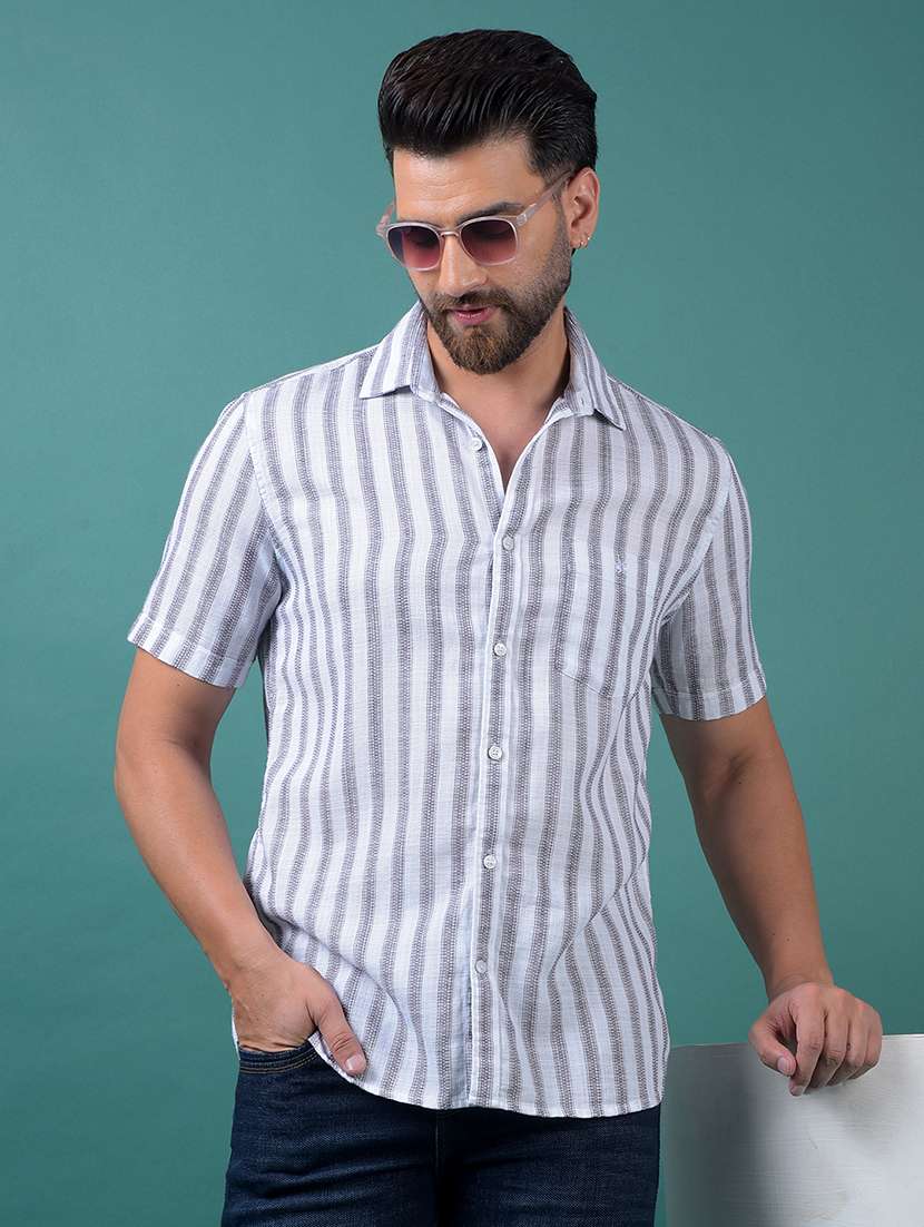 men striped short sleeve slim fit casual shirt