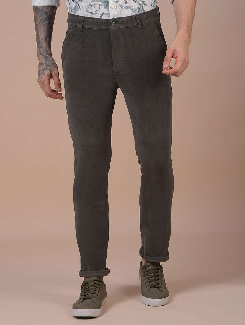 men solid mid rise slim fit corduroy trouser