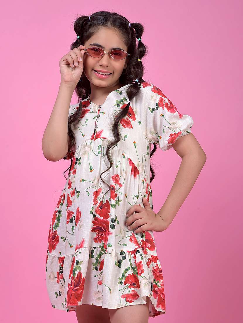 girls floral print puff sleeve tiered dress - 21985231 -  Standard Image - 1