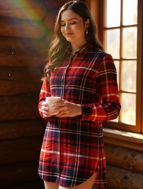 women checkered collared high low shirt dress - 21985375 - Standard Image - 0