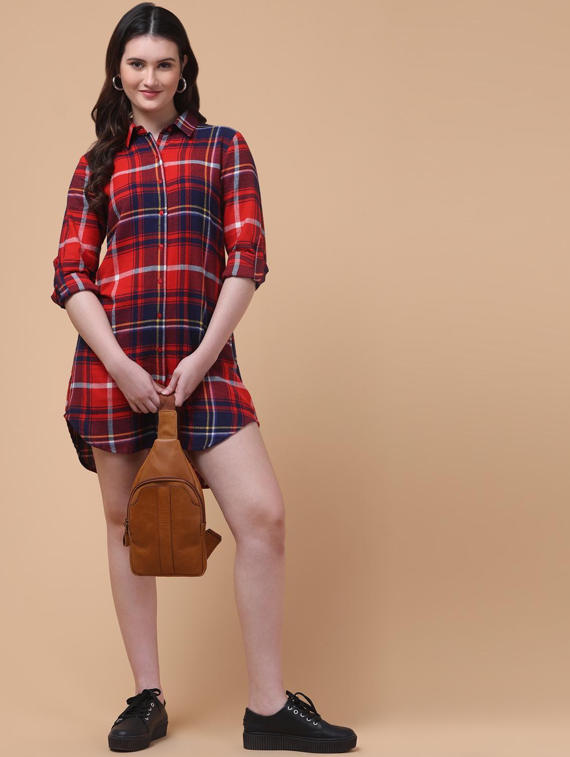 women checkered collared high low shirt dress - 21985375 - Standard Image - 1