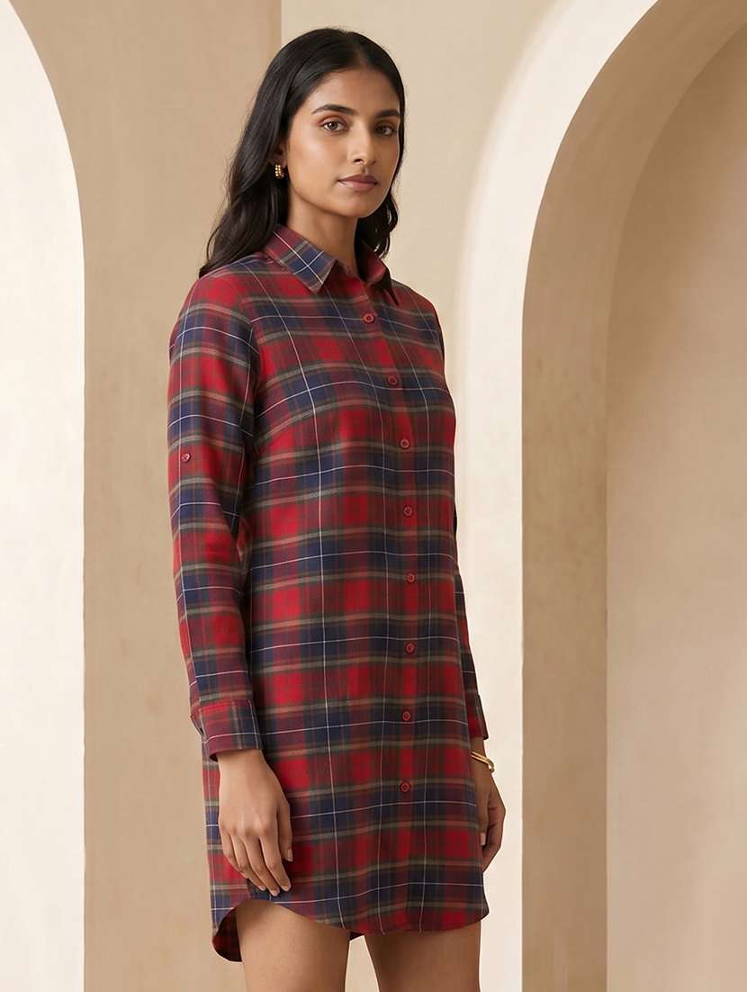 women checkered collared high low shirt dress - 21985375 -  Standard Image - 1