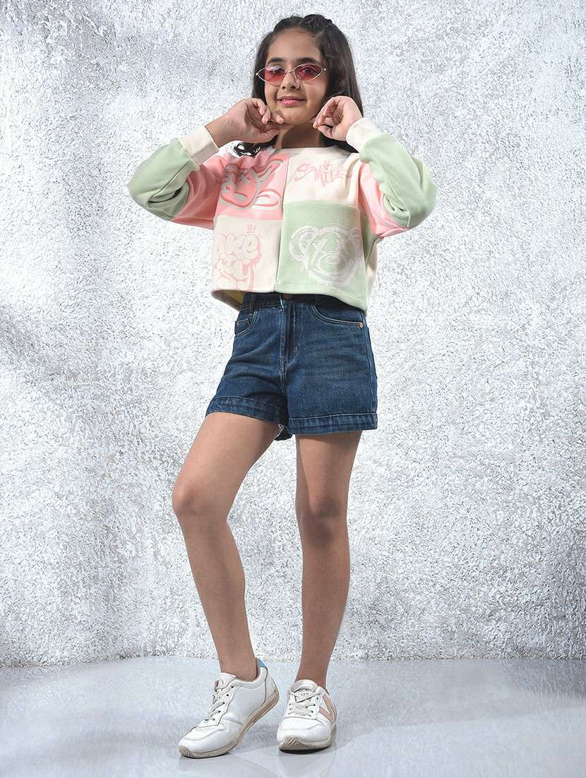 girls solid mid rise denim shorts - 21985405 -  Standard Image - 4
