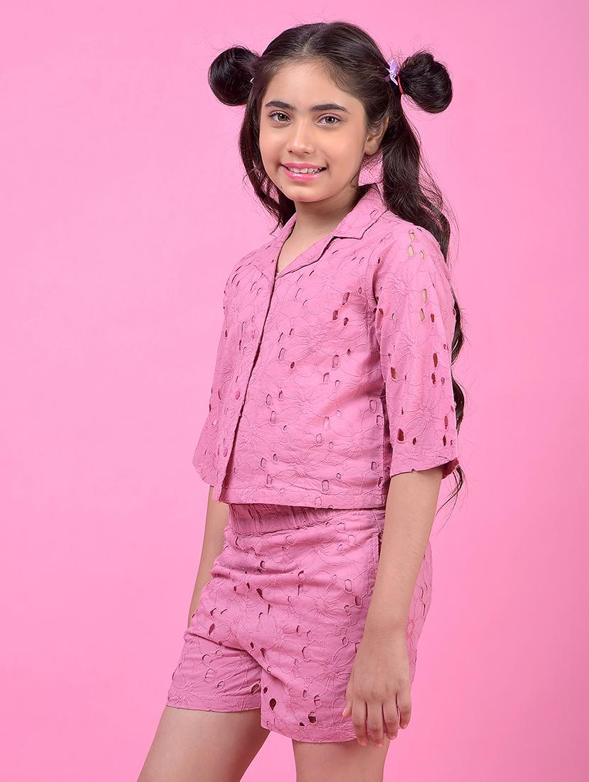 girls pink self designed lapel collar shirt  - 21985415 -  Standard Image - 1