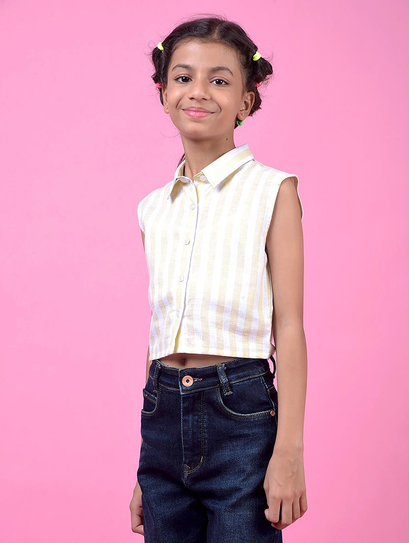 girls striped collared sleeveless crop shirt - 21985422 -  Standard Image - 1