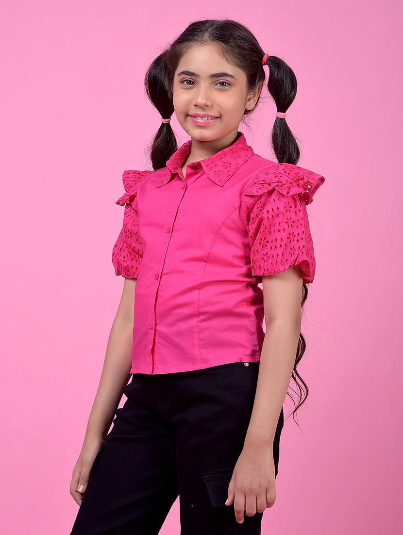 girls pink solid collared puff sleeve shirt - 21985423 -  Standard Image - 1