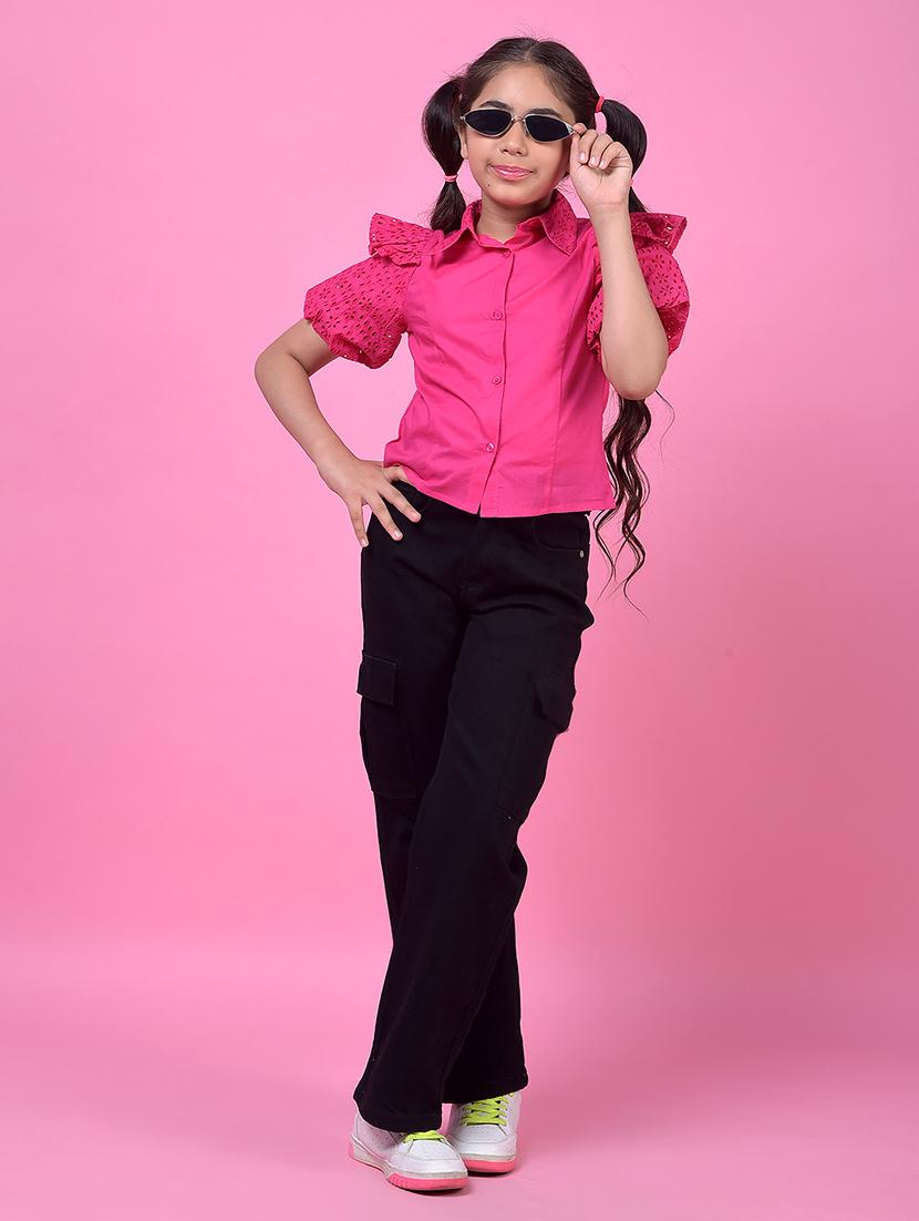 girls pink solid collared puff sleeve shirt - 21985423 - Standard Image - 4