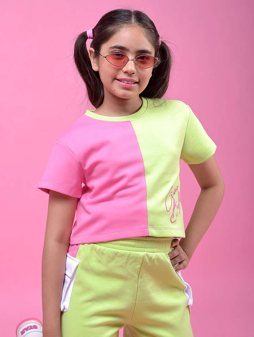 green cotton blend color block tee