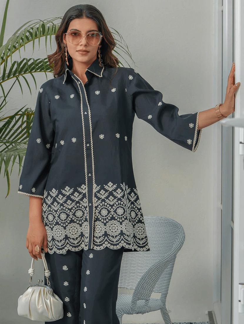 women solid with work three quarter sleeve ethnic co-ord set - 21985482 - Standard Image - 1