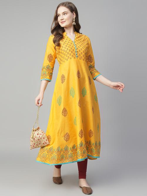 women block printed three quarter sleeve flared kurta - 21985509 -  Standard Image - 0