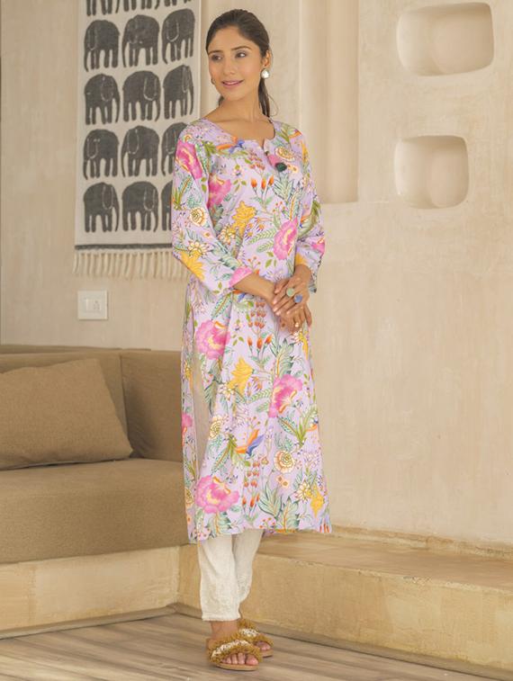 women floral three quarter sleeve kurta pant set - 21985518 - Standard Image - 1