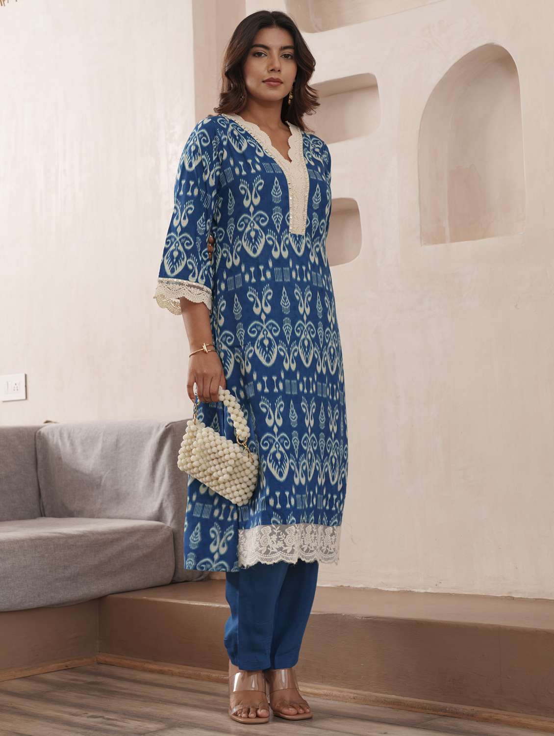 women ikat printed three quarter sleeve kurta pant set - 21985521 -  Standard Image - 1
