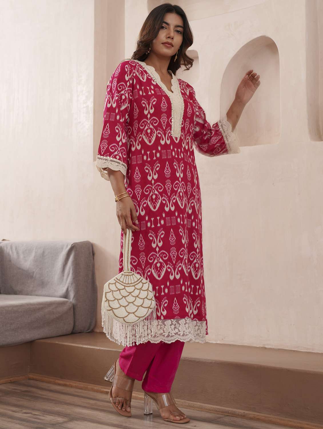 women ikat printed three quarter sleeve kurta pant set - 21985523 -  Standard Image - 1