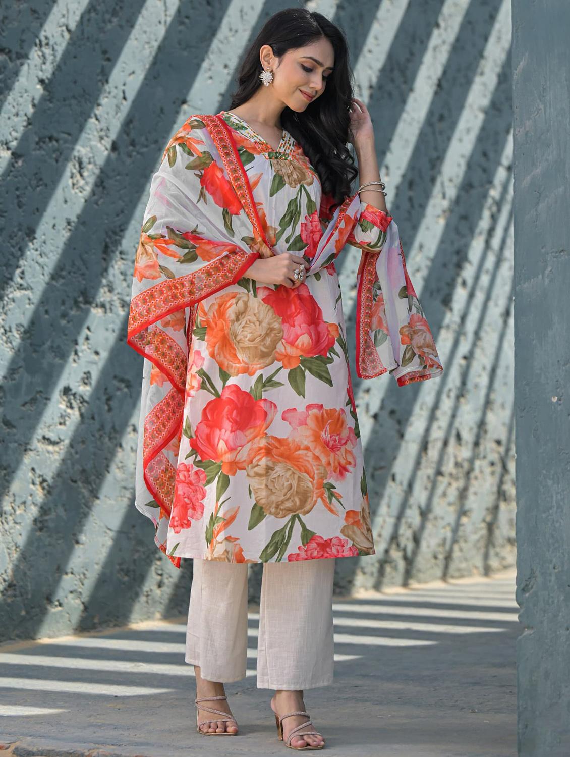 women floral three quarter sleeve kurta pant with dupatta set - 21985542 - Standard Image - 1
