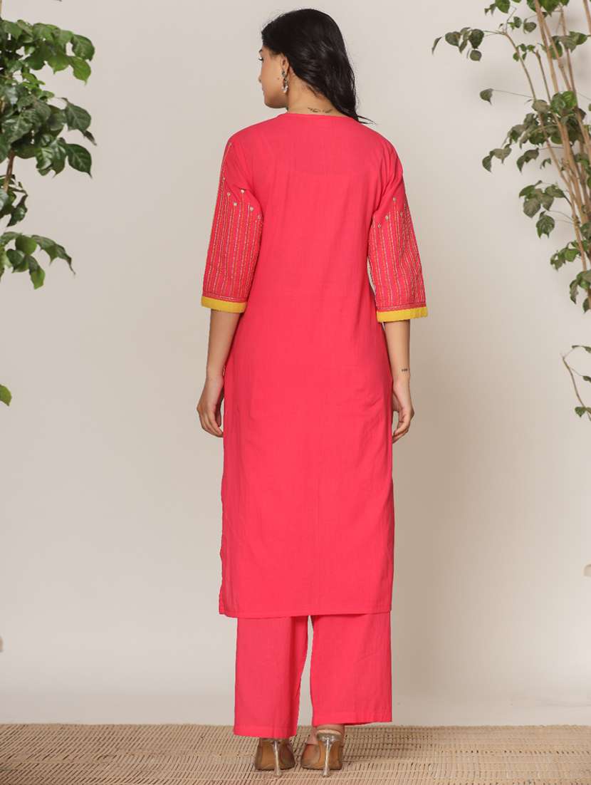 women solid with work three quarter sleeve kurta pant set - 21985556 -  Standard Image - 1