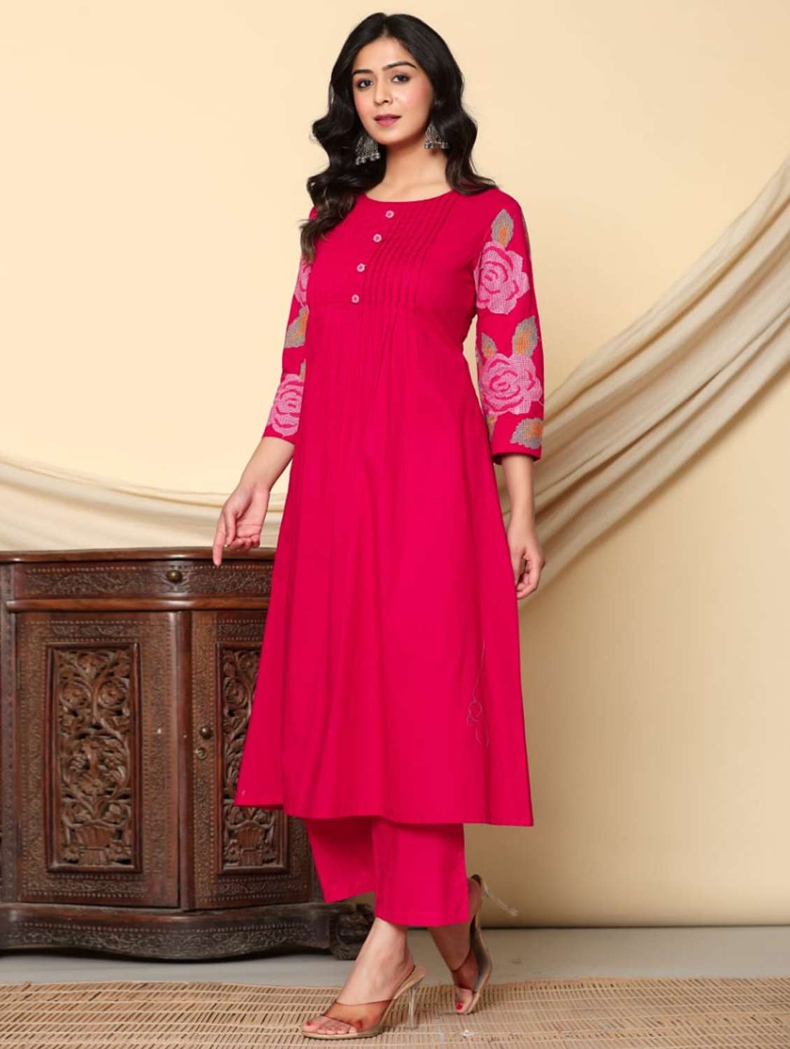 women solid with work three quarter sleeve kurta pant set - 21985558 -  Standard Image - 1