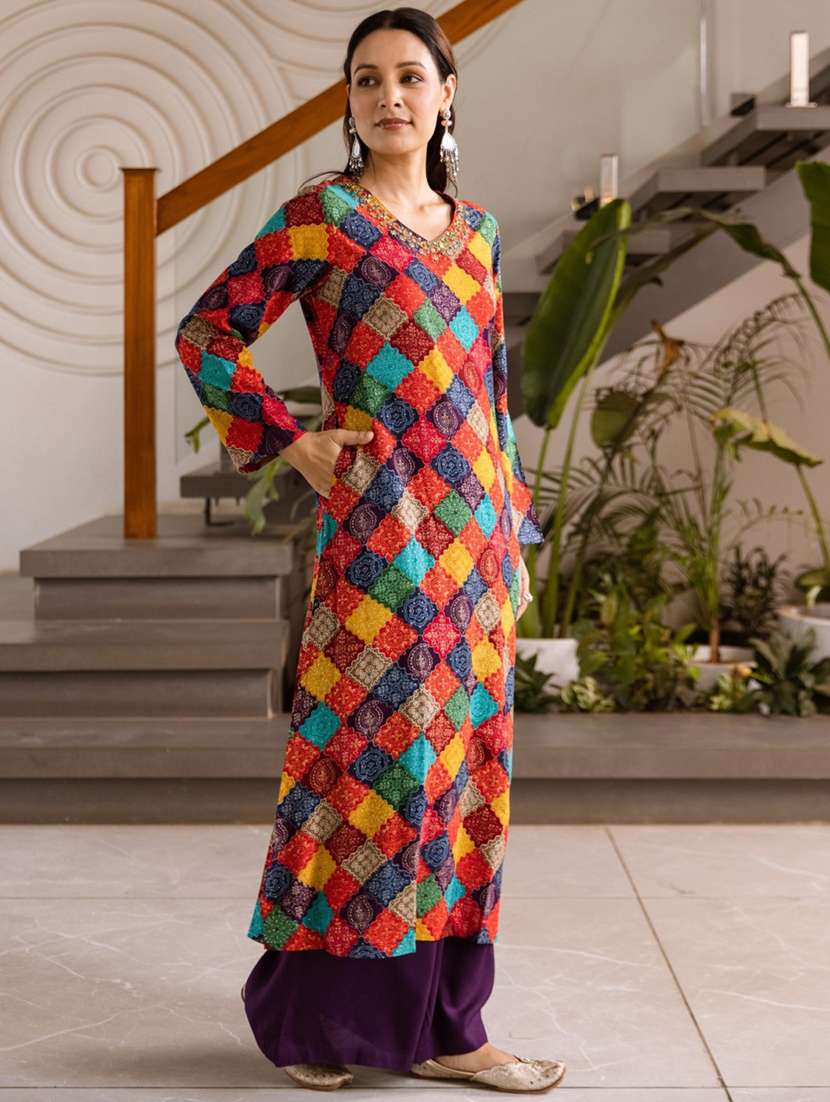 women printed long sleeve kurta palazzo set - 21985566 -  Zoom Image - 0