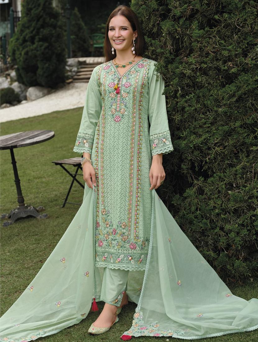 women solid with work long sleeve kurta pant with dupatta set - 21985572 - Standard Image - 1