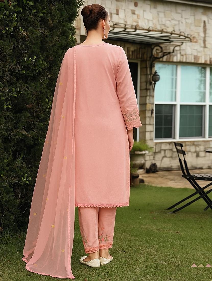 women solid with work long sleeve kurta pant with dupatta set - 21985573 - Standard Image - 1