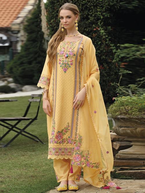 women solid with work long sleeve kurta pant with dupatta set - 21985575 - Standard Image - 0