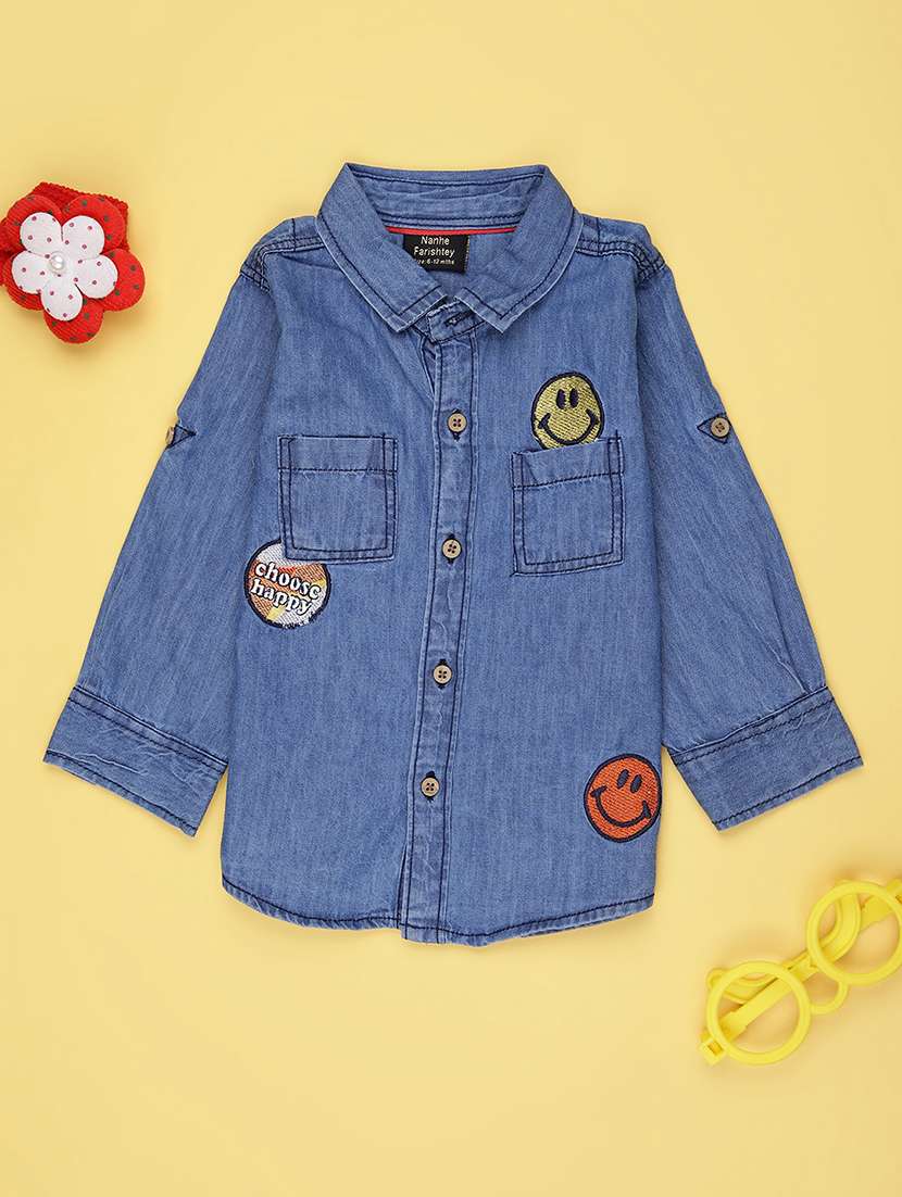 boys solid collared long sleeve denim shirt