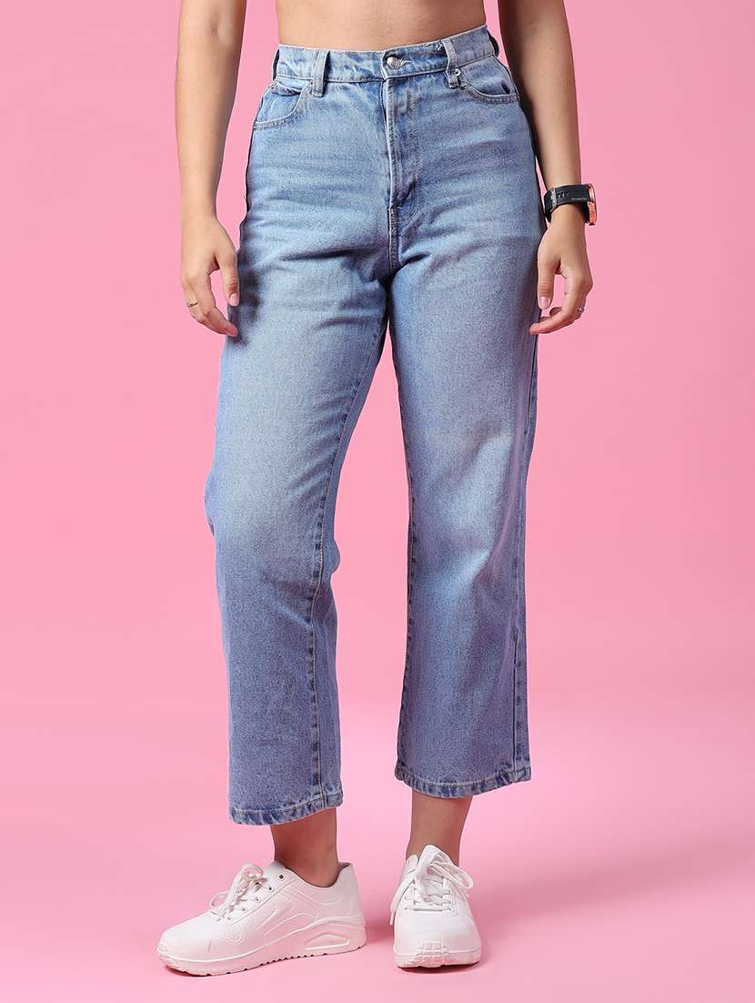 women washed mid rise straight fit jeans