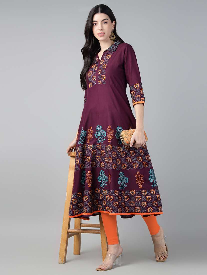 women printed three quarter sleeve a-line kurta
