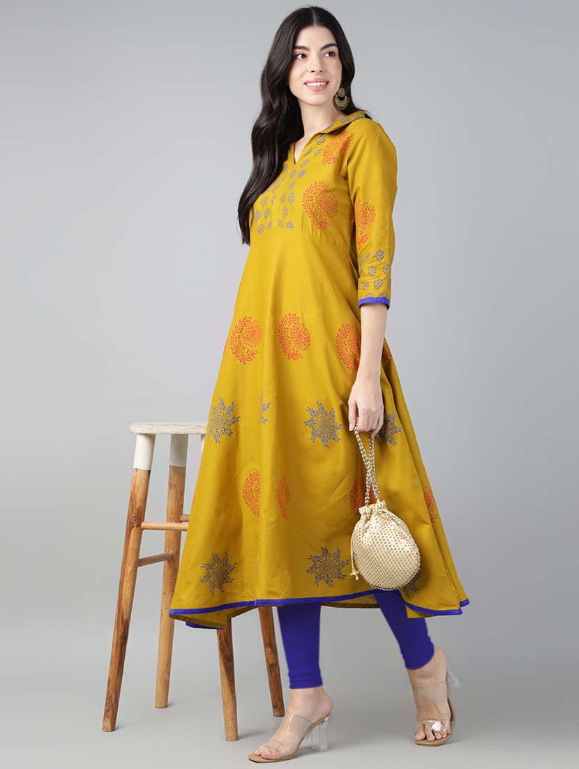 women printed three quarter sleeve a-line kurta
