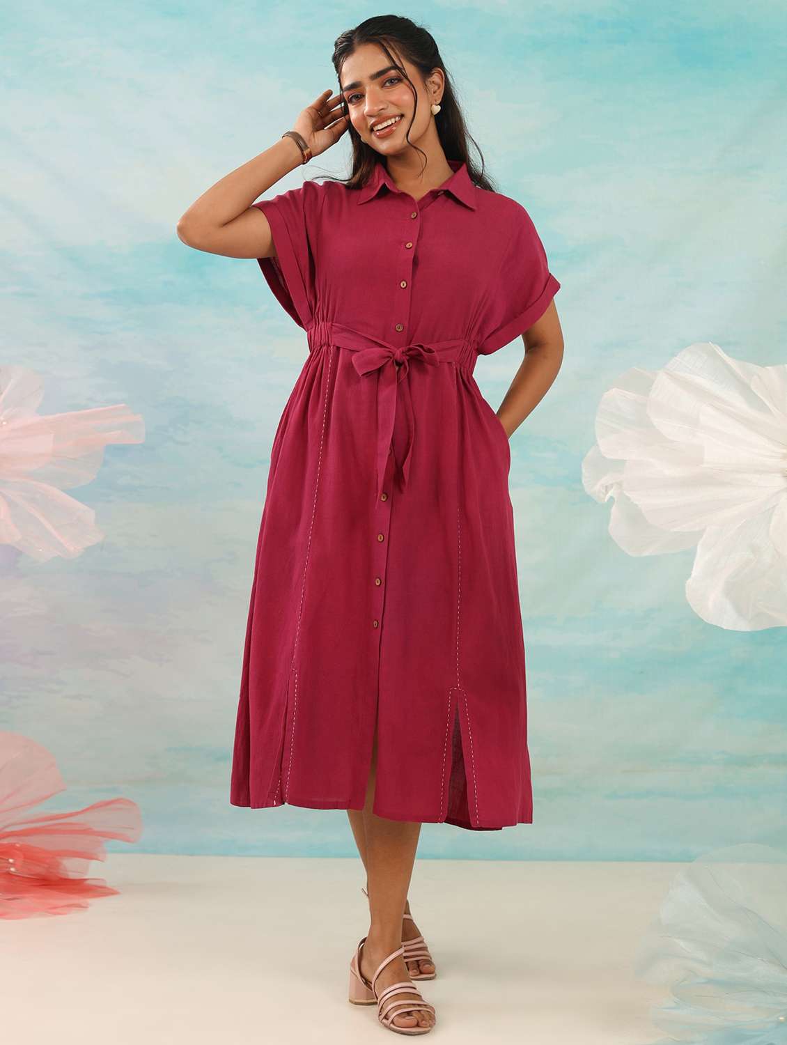 women solid collared short sleeve shirt dress dress - 21985970 - Standard Image - 1