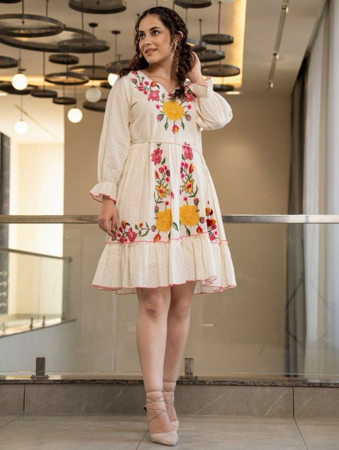 women cream embroidered long sleeve tiered dress - 21985973 - Standard Image - 1