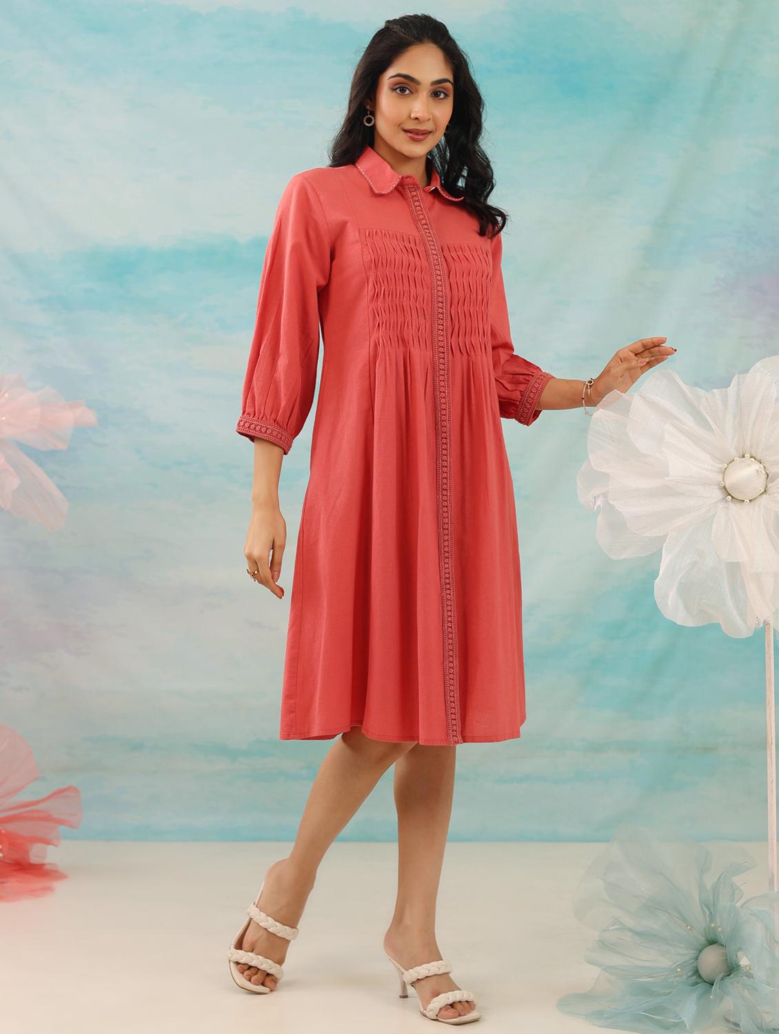 women peach solid collared puff sleeve a-line dress - 21985983 - Zoom Image - 0