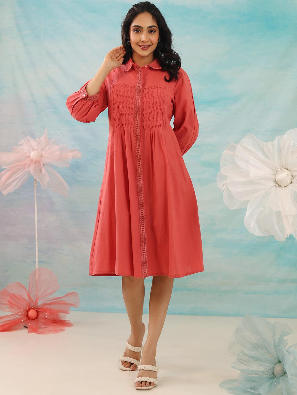 women peach solid collared puff sleeve a-line dress - 21985983 -  Standard Image - 1