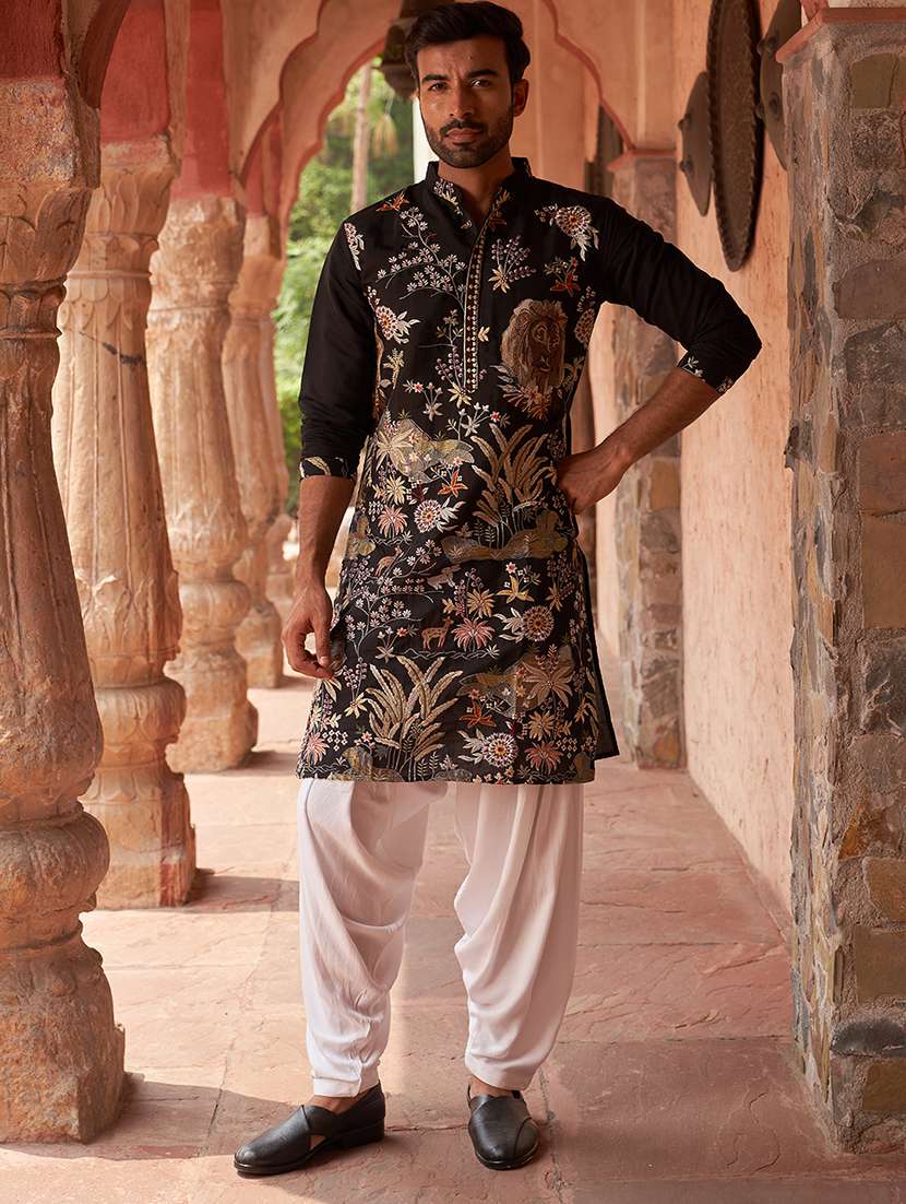 black silk blend kurta pyjama ethnic wear set - 21985988 -  Standard Image - 1