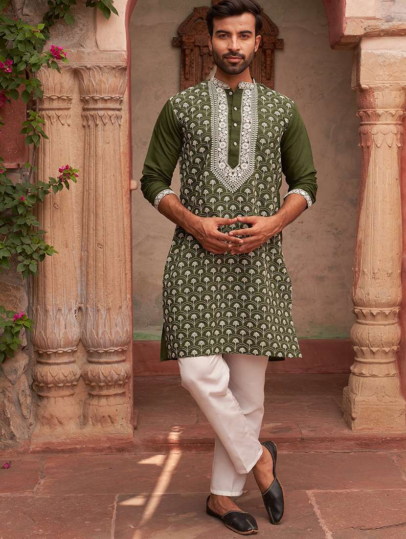 men embroidered long sleeve kurta and pyjama set
