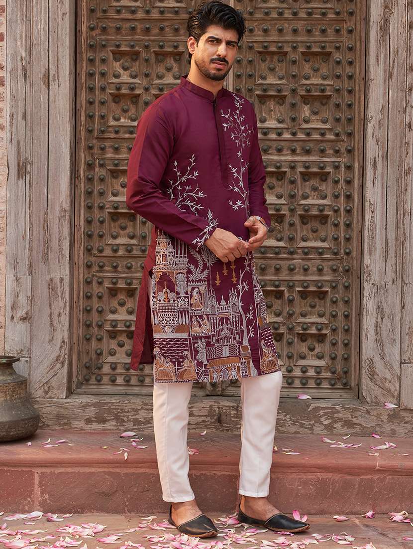 men burgundy embroidered kurta & pyjama set - 21986004 -  Standard Image - 1