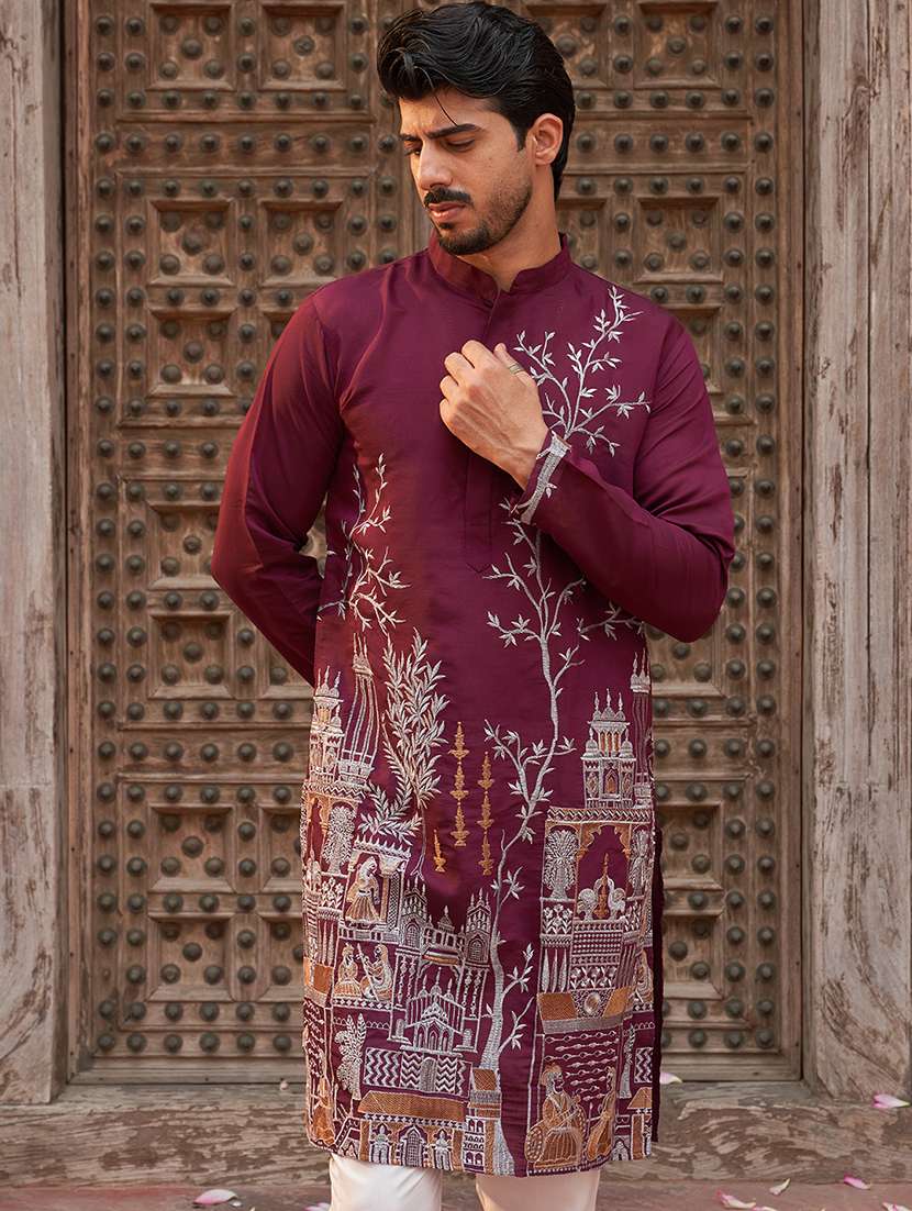 men burgundy embroidered kurta & pyjama set - 21986004 - Standard Image - 4