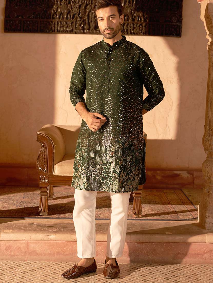 olive green silk blend kurta pyjama ethnic wear set