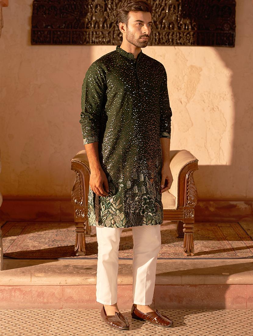 olive green silk blend kurta pyjama ethnic wear set - 21986005 - Standard Image - 1