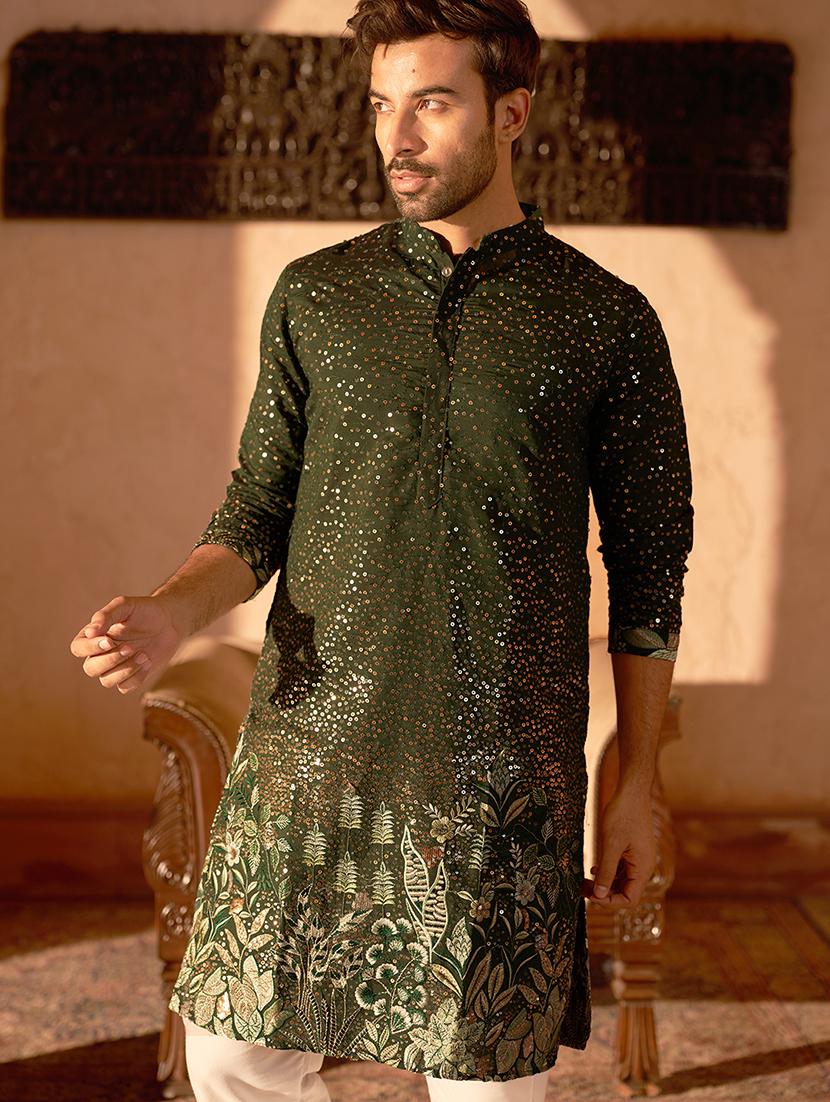 olive green silk blend kurta pyjama ethnic wear set - 21986005 - Standard Image - 4