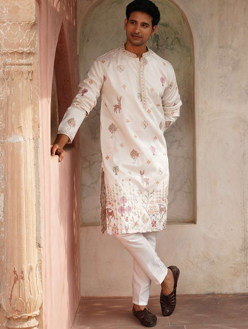 white cotton blend kurta pyjama ethnic wear set - 21986006 -  Standard Image - 1
