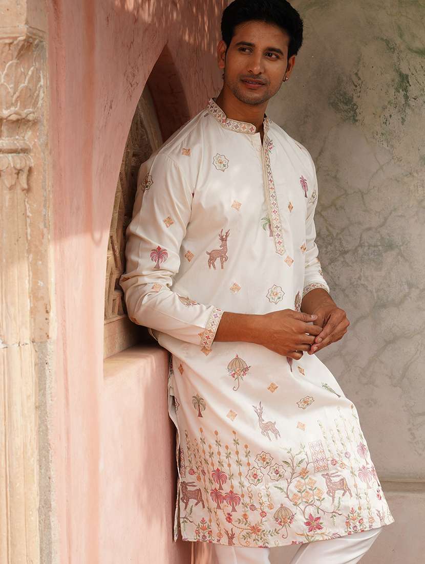 white cotton blend kurta pyjama ethnic wear set - 21986006 -  Standard Image - 4